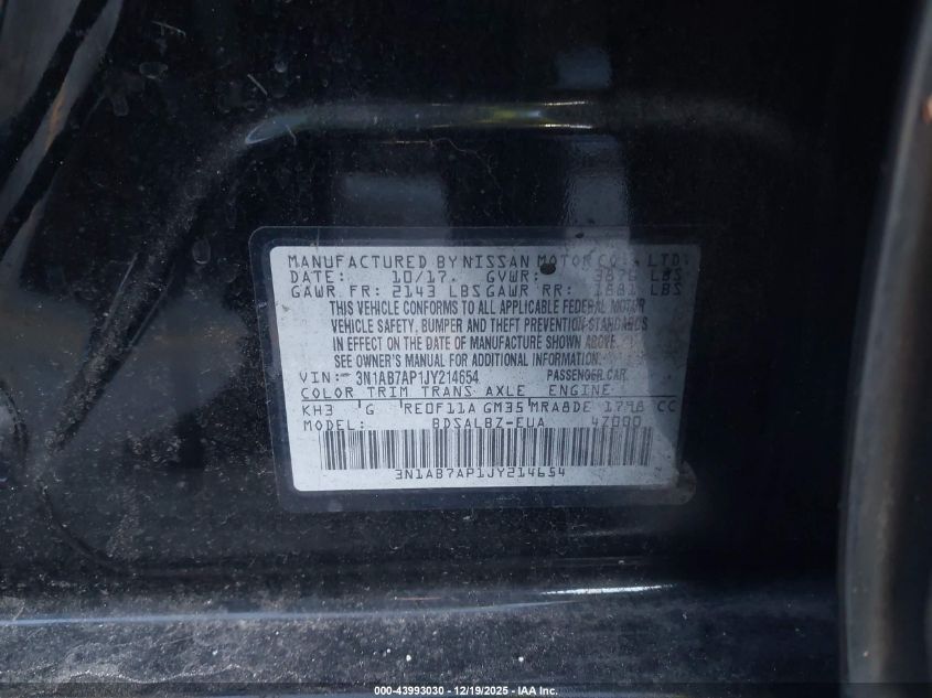 2018 Nissan Sentra S VIN: 3N1AB7AP1JY214654 Lot: 43993030