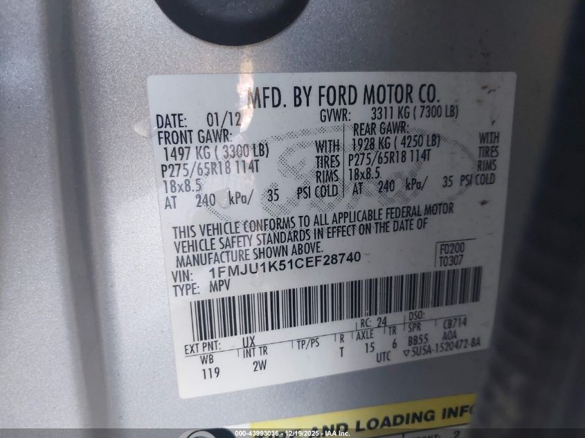 2012 Ford Expedition Limited VIN: 1FMJU1K51CEF28740 Lot: 43993036