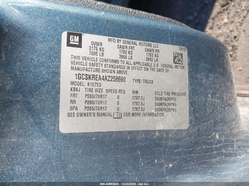 2010 Chevrolet Silverado 1500 Ls VIN: 1GCSKREA4AZ258690 Lot: 43993043