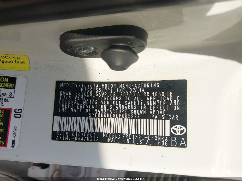 2014 Toyota Corolla Le VIN: 5YFBURHE8EP085927 Lot: 43993046