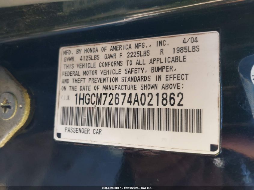 2004 Honda Accord 2.4 Ex VIN: 1HGCM72674A021862 Lot: 43993047