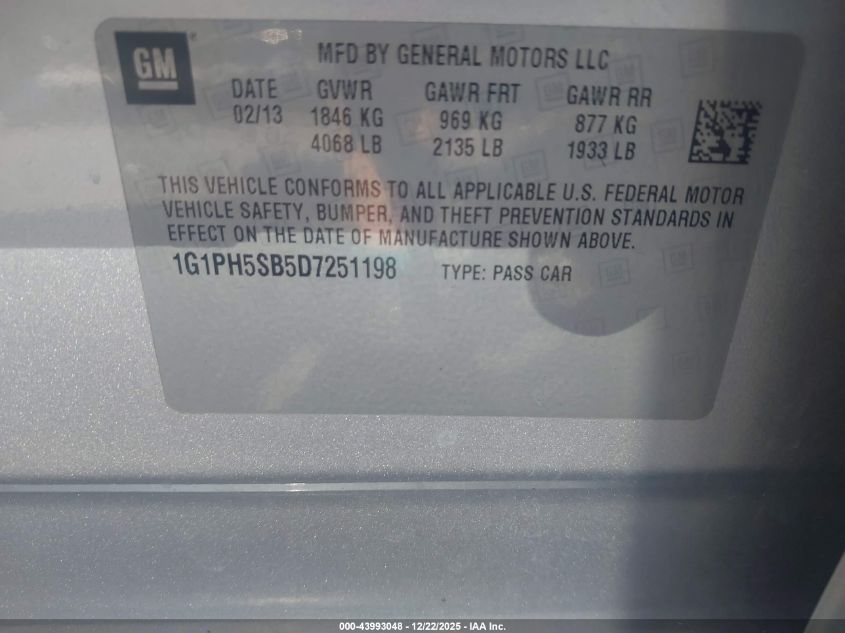 2013 Chevrolet Cruze Eco Auto VIN: 1G1PH5SB5D7251198 Lot: 43993048