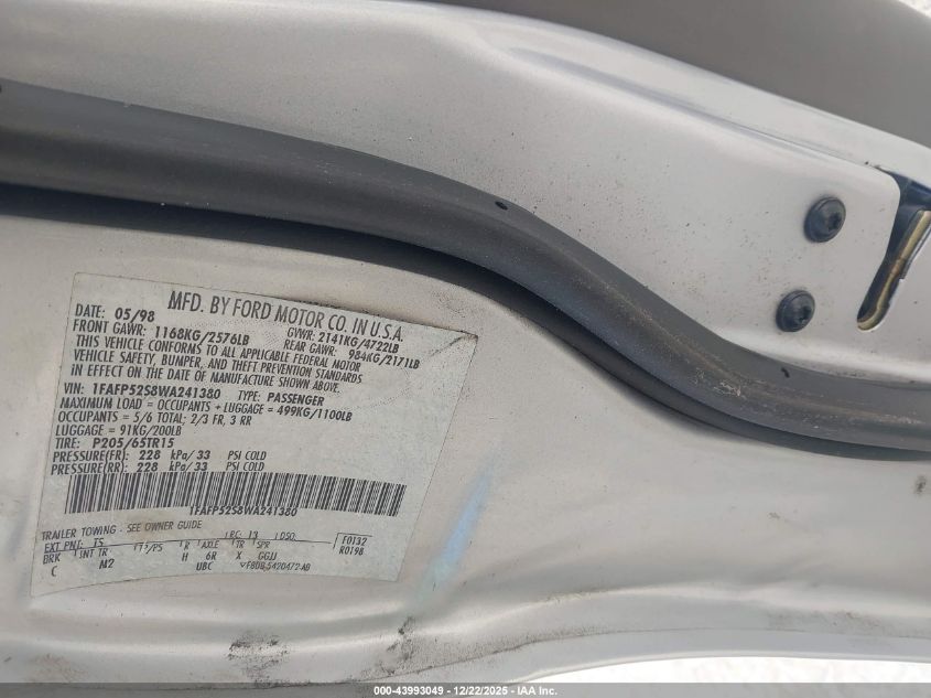 1998 Ford Taurus Lx/Se VIN: 1FAFP52S8WA241380 Lot: 43993049