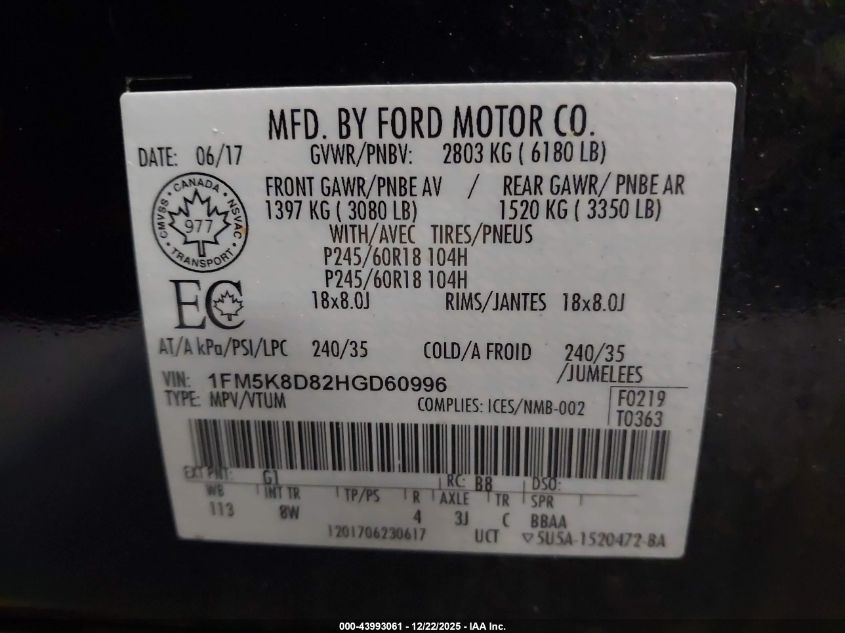 2017 Ford Explorer Xlt VIN: 1FM5K8D82HGD60996 Lot: 43993061