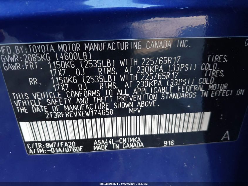 2014 Toyota Rav4 Xle VIN: 2T3RFREVXEW174658 Lot: 43993071