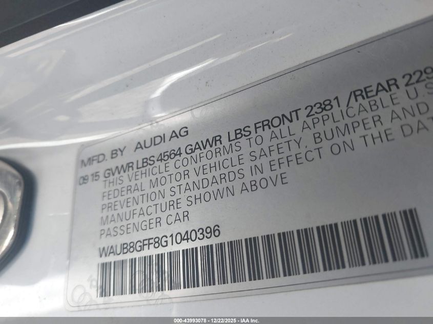 2016 Audi A3 2.0T Premium VIN: WAUB8GFF8G1040396 Lot: 43993078