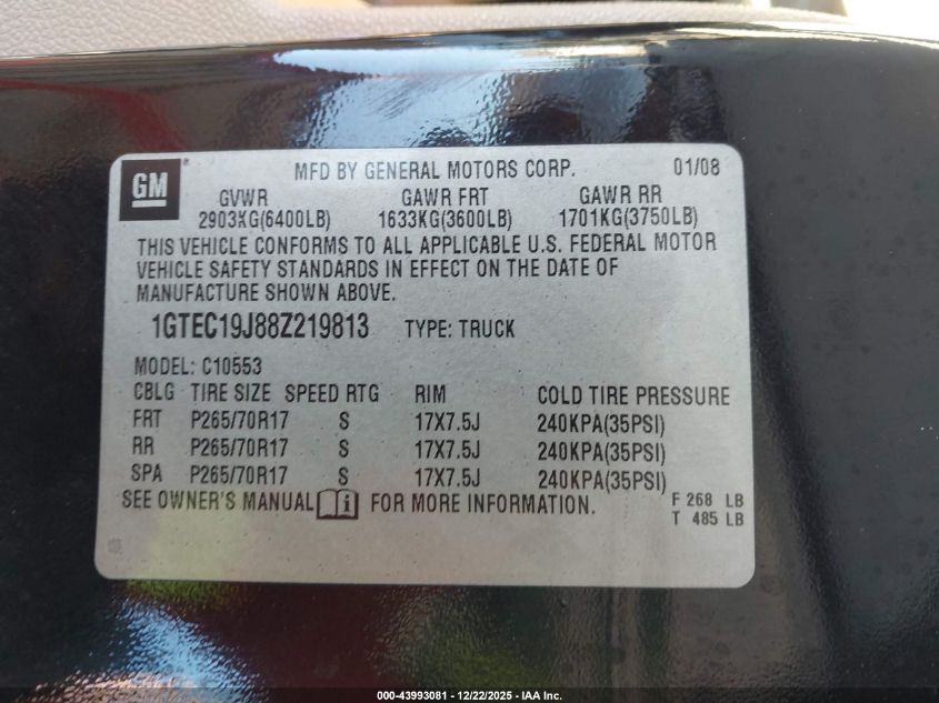 2008 GMC Sierra 1500 Slt VIN: 1GTEC19J88Z219813 Lot: 43993081