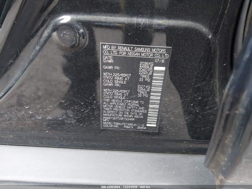 2016 Nissan Rogue S VIN: KNMAT2MT0GP722484 Lot: 43993084