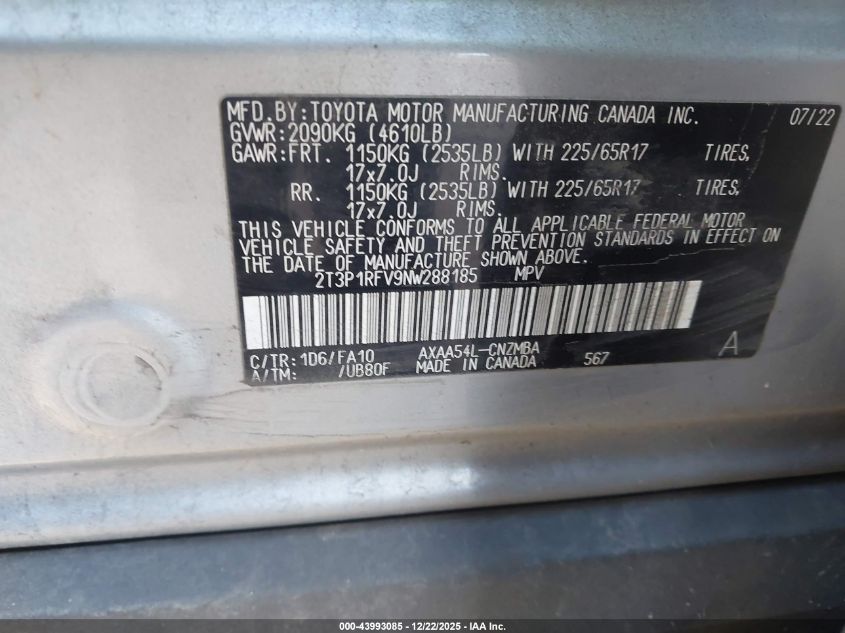 2022 Toyota Rav4 Xle VIN: 2T3P1RFV9NW288185 Lot: 43993085