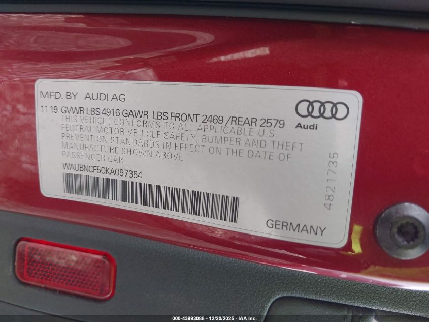 2019 Audi A5 45 Premium VIN: WAUBNCF50KA097354 Lot: 43993088