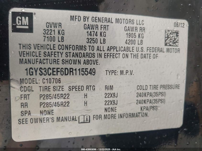 2013 Cadillac Escalade Premium VIN: 1GYS3CEF6DR115549 Lot: 43993096