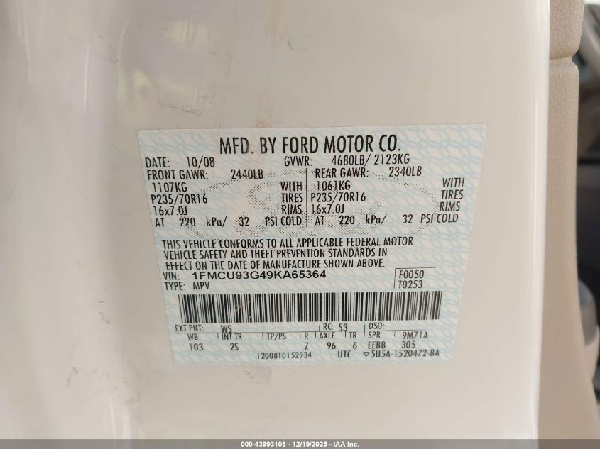 2009 Ford Escape Xlt VIN: 1FMCU93G49KA65364 Lot: 43993105