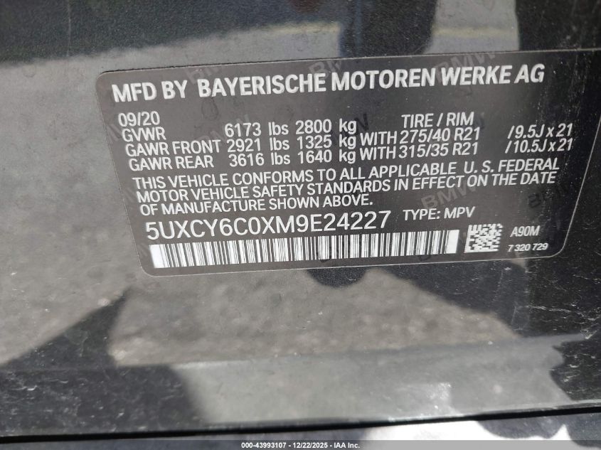 2021 BMW X6 xDrive40I VIN: 5UXCY6C0XM9E24227 Lot: 43993107