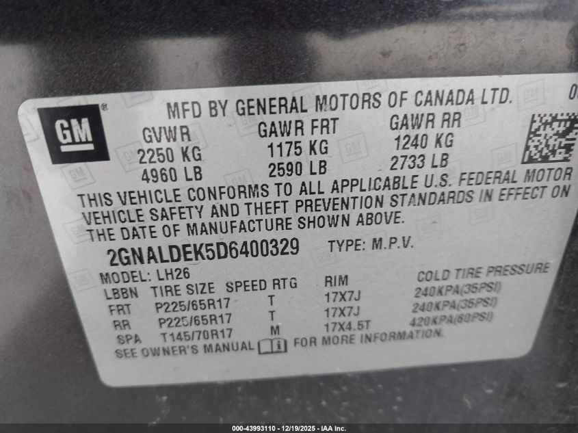 2013 Chevrolet Equinox 1Lt VIN: 2GNALDEK5D6400329 Lot: 43993110