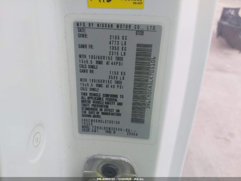 2020 Nissan Nv200 Cargo Sv Xtronic Cvt VIN: 3N6CM0KN5LK705106 Lot: 43993122