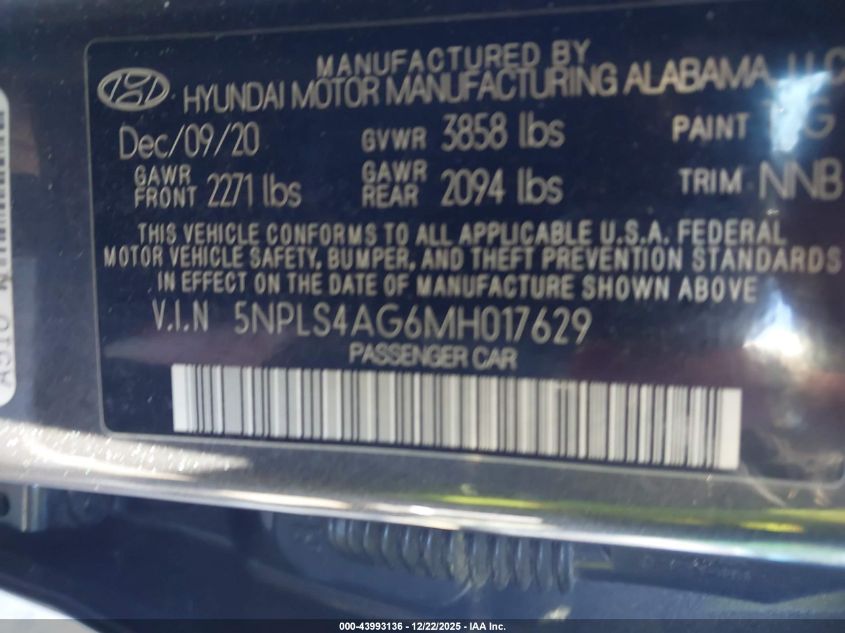 2021 Hyundai Elantra Sel VIN: 5NPLS4AG6MH017629 Lot: 43993136