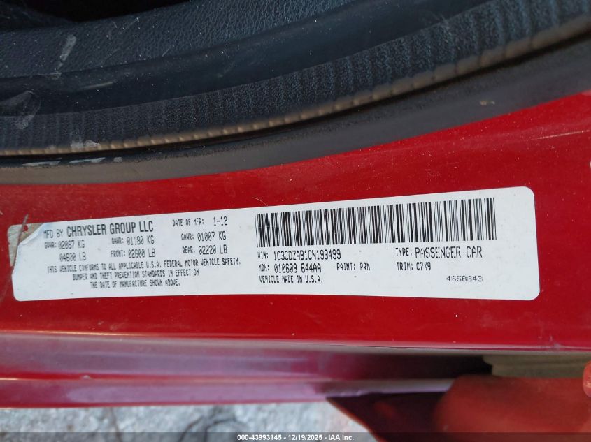 2012 Dodge Avenger Se VIN: 1C3CDZAB1CN193499 Lot: 43993145