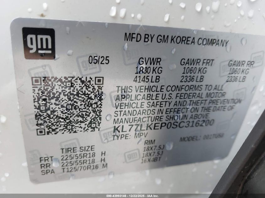 2025 Chevrolet Trax Fwd Activ VIN: KL77LKEP0SC316200 Lot: 43993146