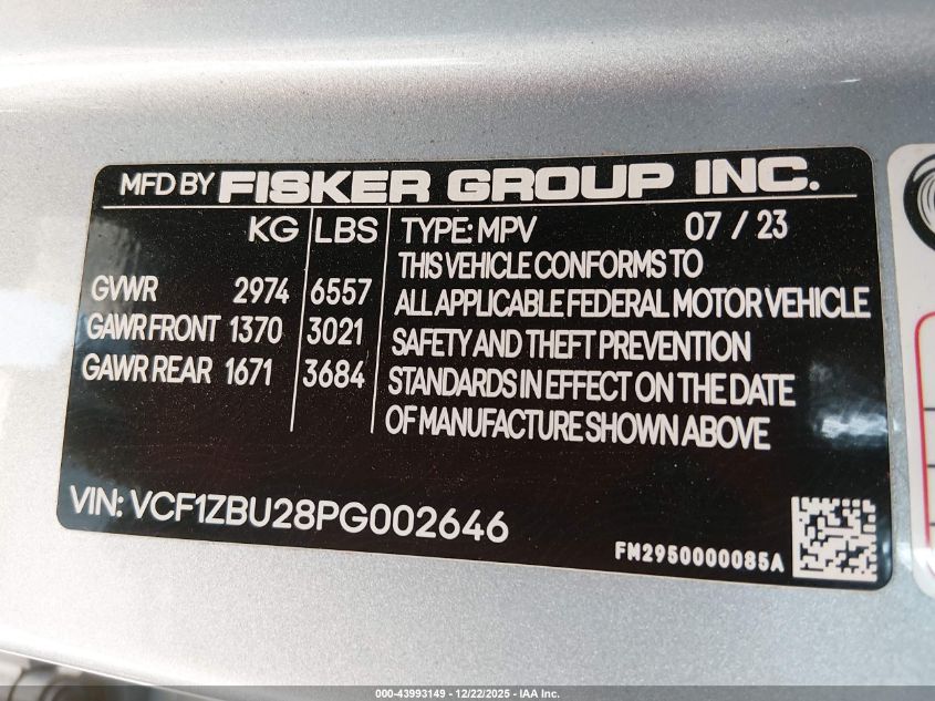 2023 Fisker Ocean One VIN: VCF1ZBU28PG002646 Lot: 43993149