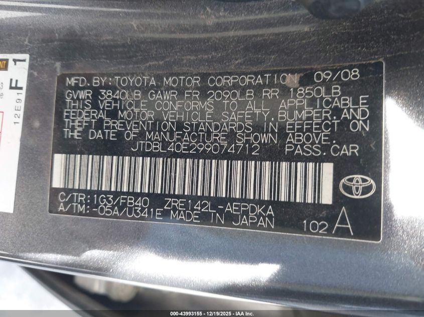 2009 Toyota Corolla Le VIN: JTDBL40E299074712 Lot: 43993155