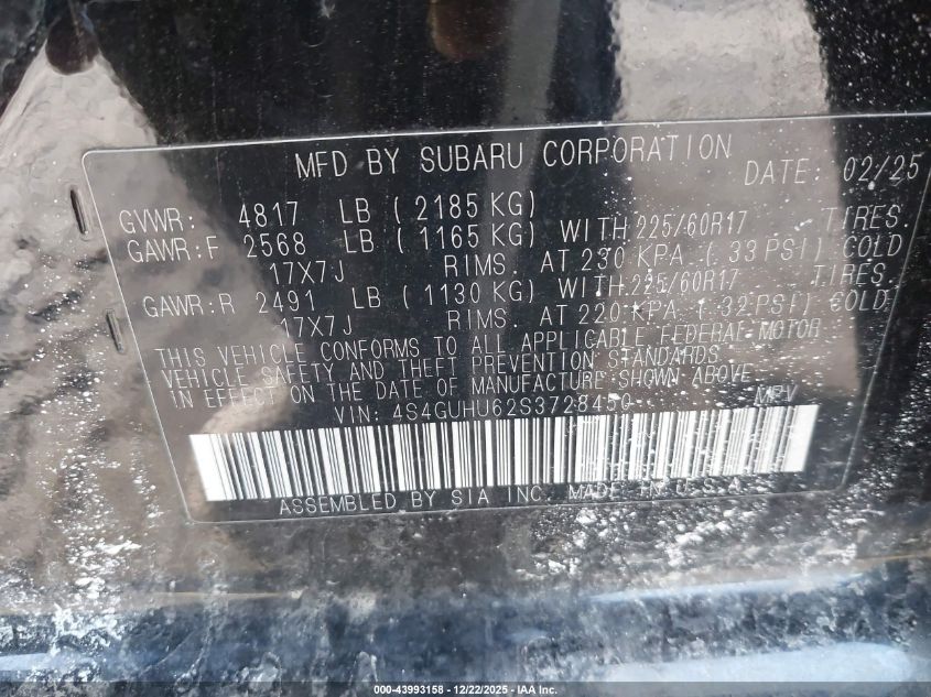 2025 Subaru Crosstrek Wilderness VIN: 4S4GUHU62S3728450 Lot: 43993158