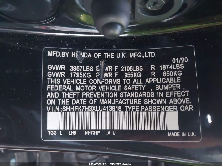2020 Honda Civic Lx VIN: SHHFK7H3XLU413818 Lot: 43993162