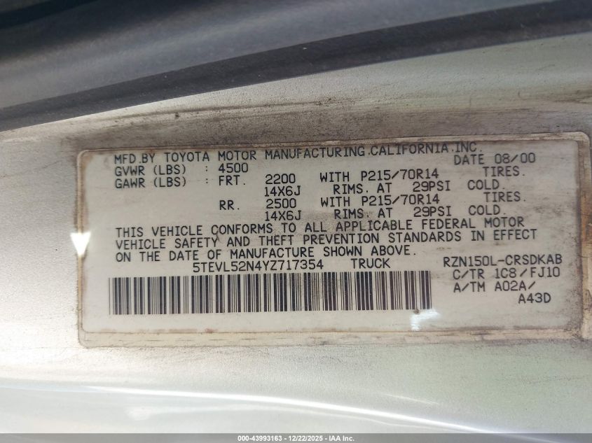 2000 Toyota Tacoma VIN: 5TEVL52N4YZ717354 Lot: 43993163