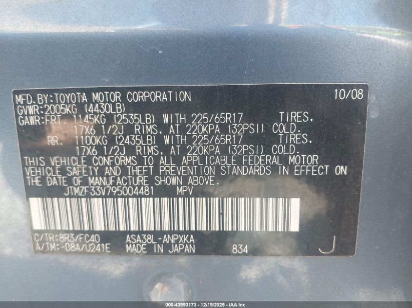 2009 Toyota Rav4 VIN: JTMZF33V795004481 Lot: 43993173