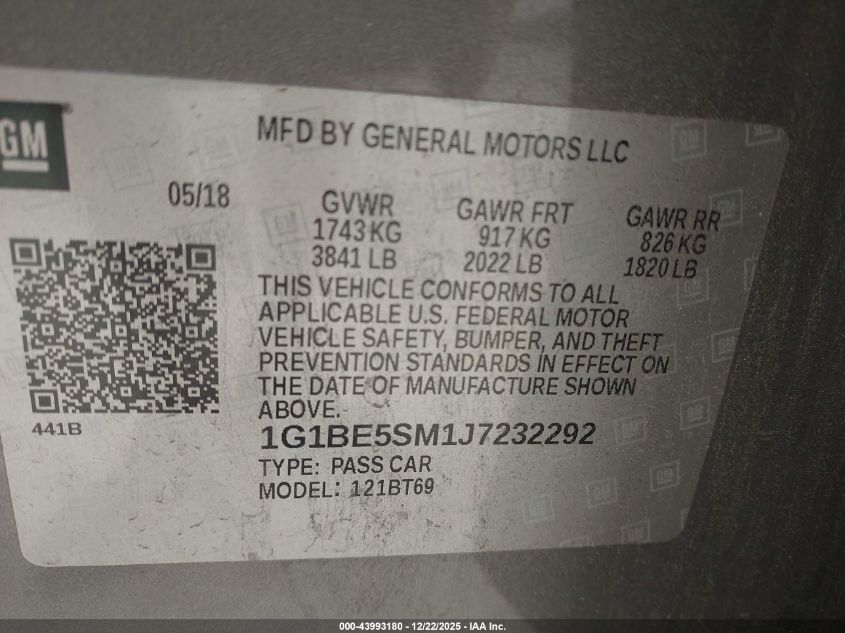 2018 Chevrolet Cruze Lt Auto VIN: 1G1BE5SM1J7232292 Lot: 43993180