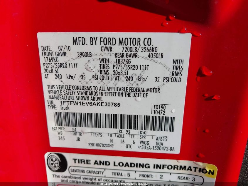 2010 Ford F-150 Fx4/Harley-Davidson/King Ranch/Lariat/Platinum/Xl/Xlt VIN: 1FTFW1EV6AKE30785 Lot: 43993201