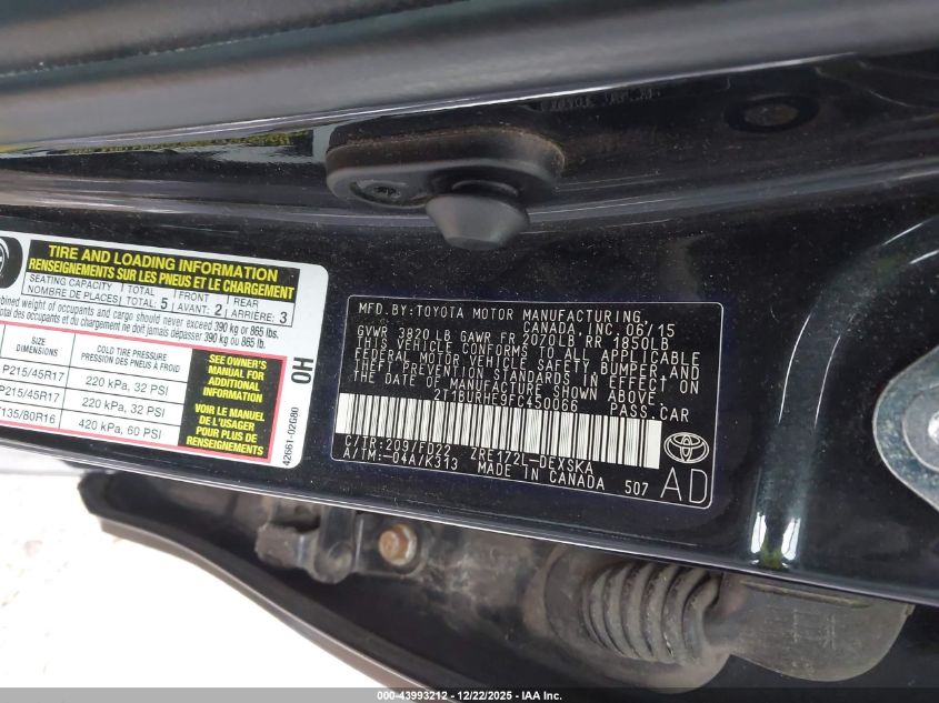 2015 Toyota Corolla S Plus VIN: 2T1BURHE9FC450066 Lot: 43993212