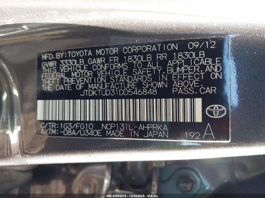 2013 Toyota Yaris Le VIN: JTDKTUD31DD546848 Lot: 43993216