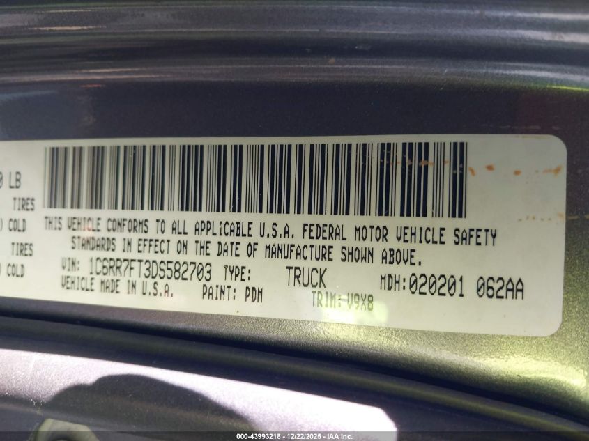 2013 Ram 1500 Express VIN: 1C6RR7FT3DS582703 Lot: 43993218