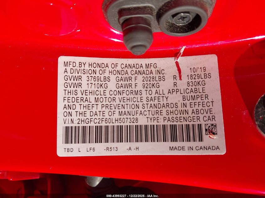 2020 Honda Civic Lx VIN: 2HGFC2F60LH507328 Lot: 43993227