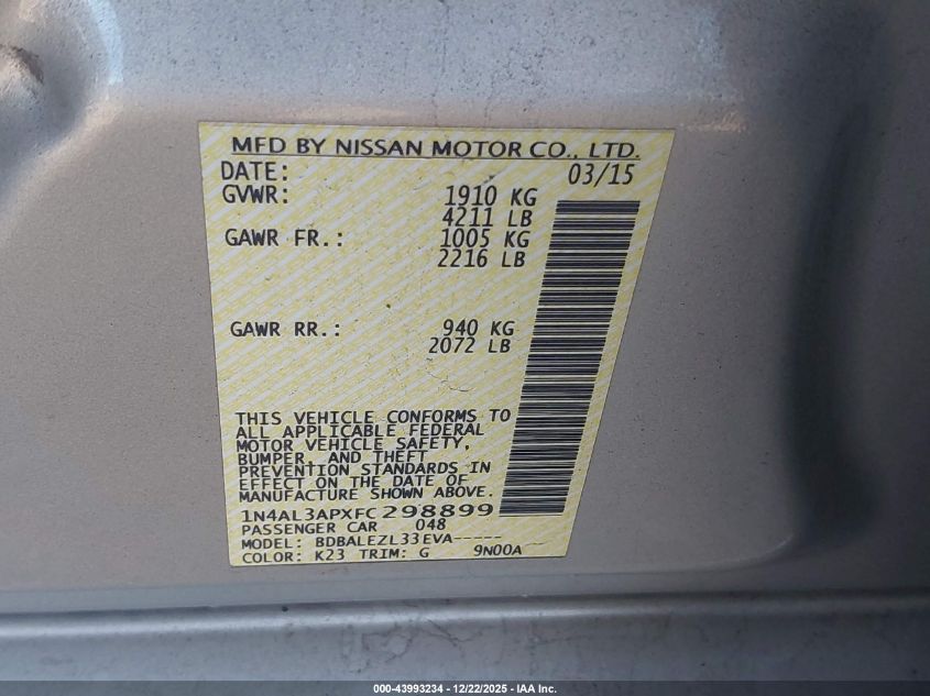 2015 Nissan Altima 2.5/2.5 S/2.5 Sl/2.5 Sv VIN: 1N4AL3APXFC298899 Lot: 43993234
