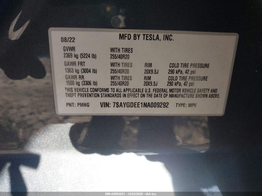 2022 Tesla Model Y Long Range Dual Motor All-Wheel Drive VIN: 7SAYGDEE1NA009292 Lot: 43993241