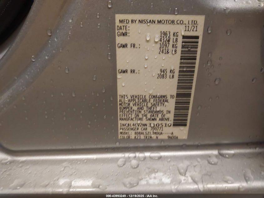 2022 Nissan Altima Sr Fwd VIN: 1N4BL4CV2NN310519 Lot: 43993249