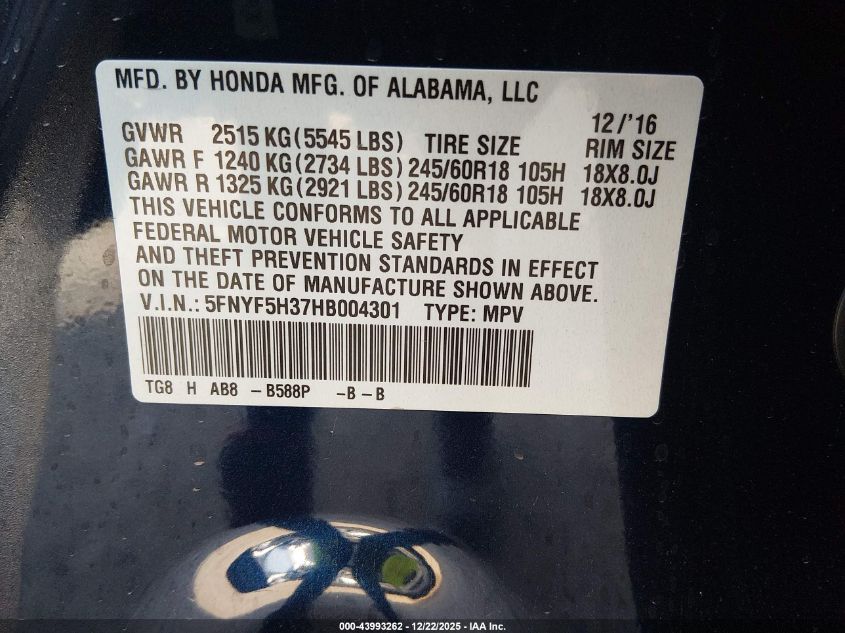 2017 Honda Pilot Ex VIN: 5FNYF5H37HB004301 Lot: 43993262