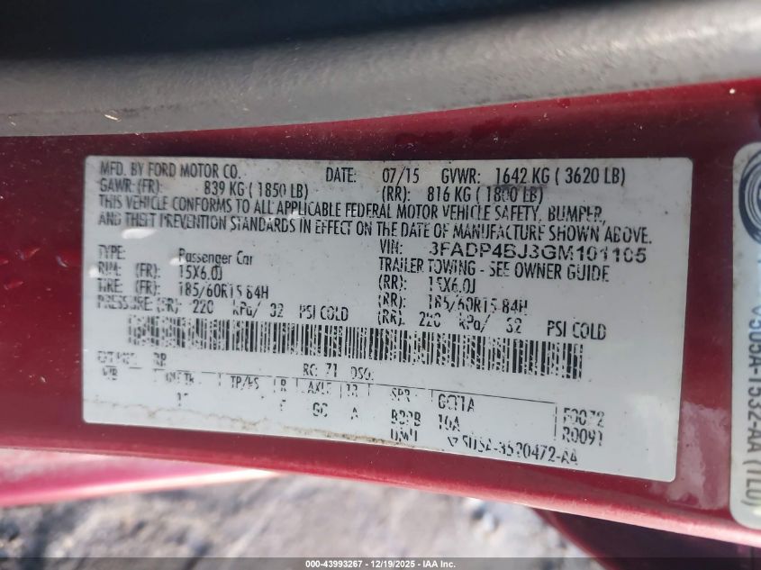 2016 Ford Fiesta Se VIN: 3FADP4BJ3GM101105 Lot: 43993267