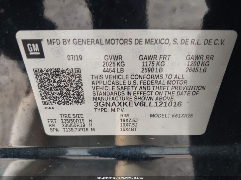 2020 Chevrolet Equinox Fwd Lt 1.5L Turbo VIN: 3GNAXKEV6LL121016 Lot: 43993286