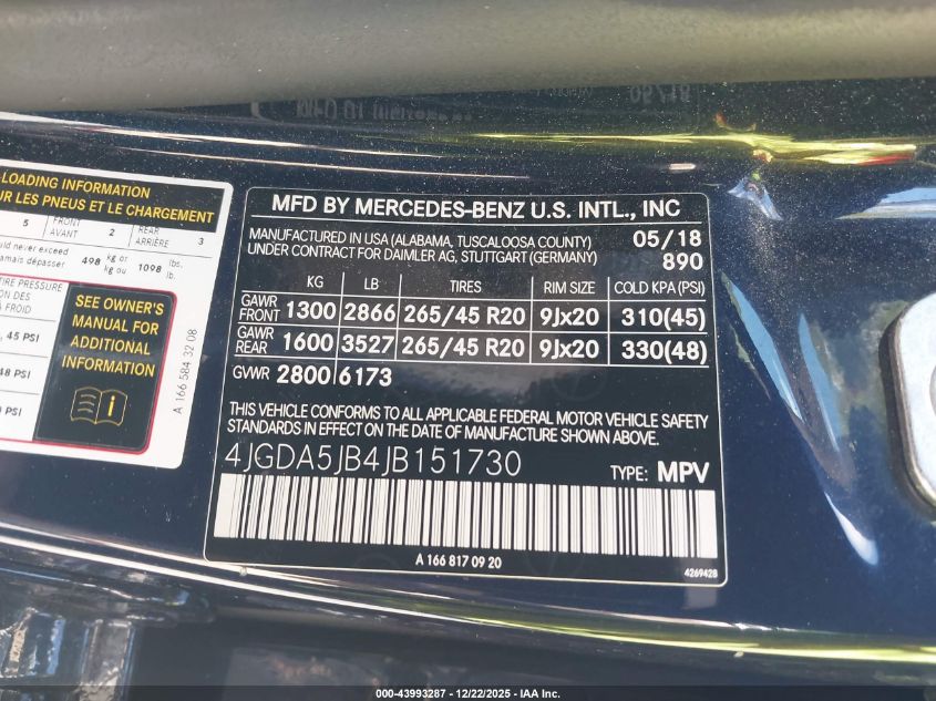 2018 Mercedes-Benz Gle 350 VIN: 4JGDA5JB4JB151730 Lot: 43993287