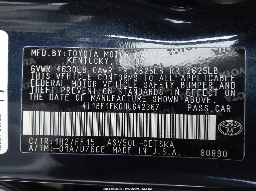 2017 Toyota Camry Se VIN: 4T1BF1FK0HU642367 Lot: 43993306