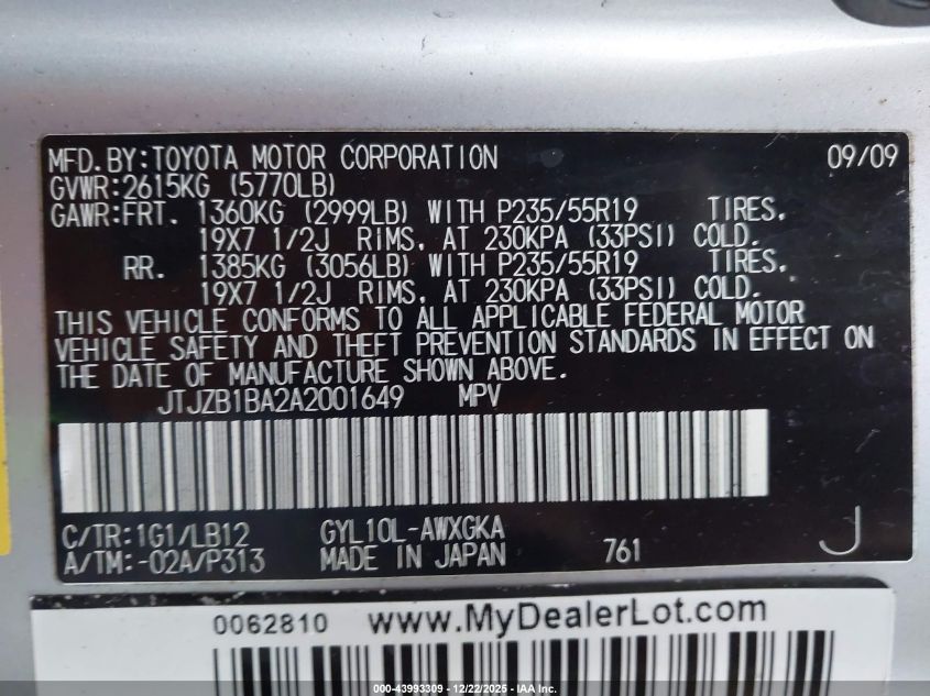 2010 Lexus Rx 450H VIN: JTJZB1BA2A2001649 Lot: 43993309