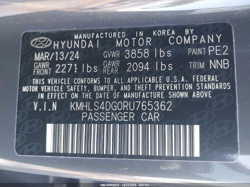 2024 Hyundai Elantra Sel VIN: KMHLS4DG0RU765362 Lot: 43993310