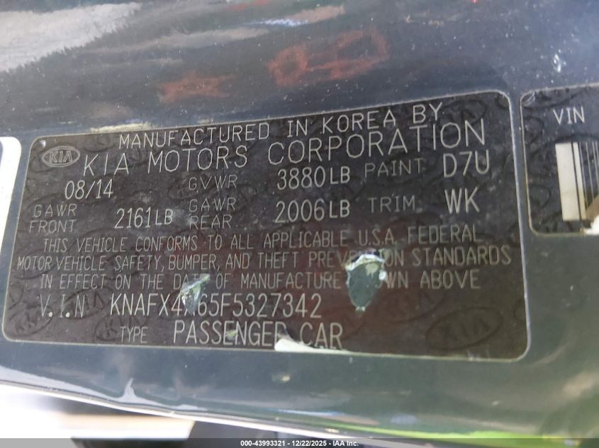 2015 Kia Forte Lx VIN: KNAFX4A65F5327342 Lot: 43993321