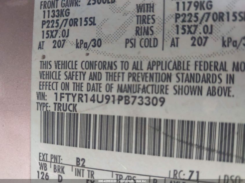 2001 Ford Ranger Edge/Xl/Xlt VIN: 1FTYR14U91PB73309 Lot: 43993330