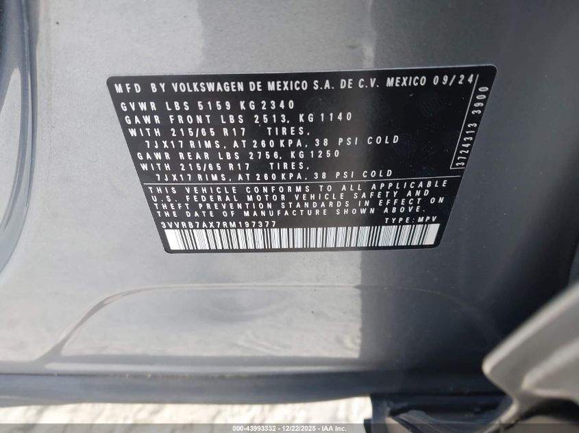 2024 Volkswagen Tiguan 2.0T S VIN: 3VVRB7AX7RM197377 Lot: 43993332