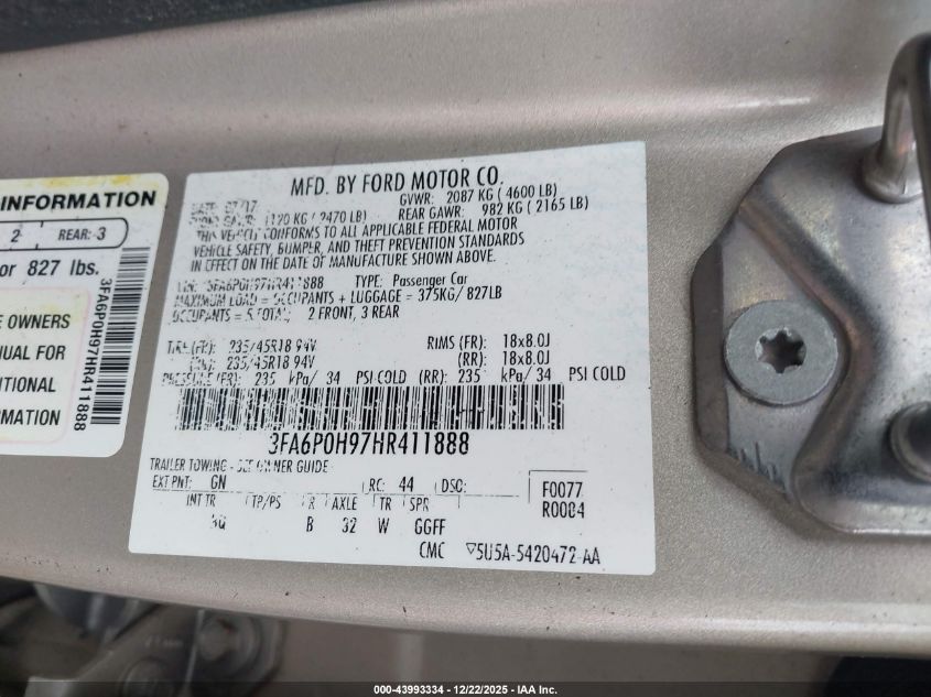 2017 Ford Fusion Se VIN: 3FA6P0H97HR411888 Lot: 43993334