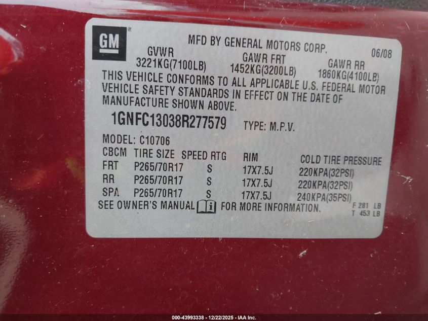2008 Chevrolet Tahoe Lt VIN: 1GNFC13038R277579 Lot: 43993338