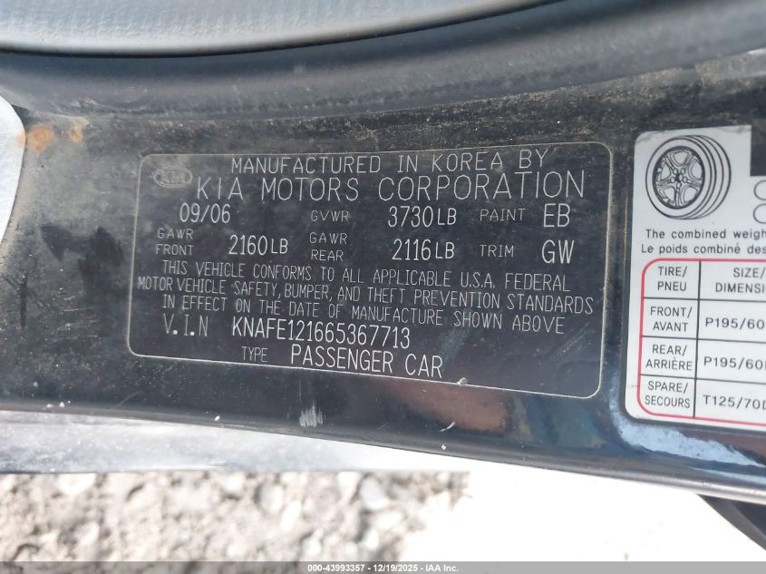 2006 Kia Spectra Ex/Lx/Sx VIN: KNAFE121665367713 Lot: 43993357
